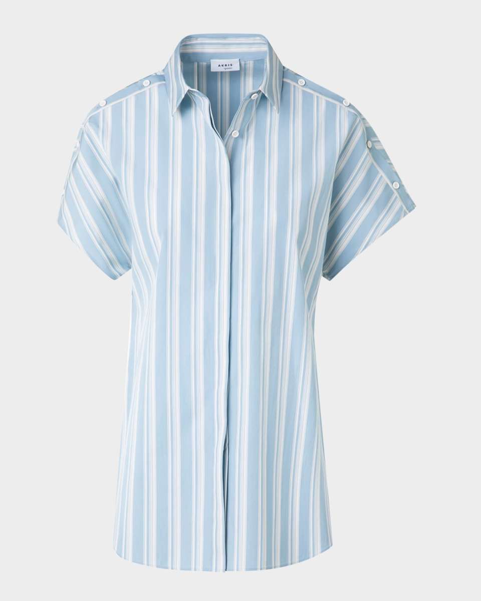 Striped Poplin Short-Sleeve Button-Shoulder Blouse